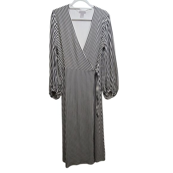 H&M Off White & Black Vertical Striped Full Wrap Bubble Sleeve Maxi Dress Large - Picture 1 of 11